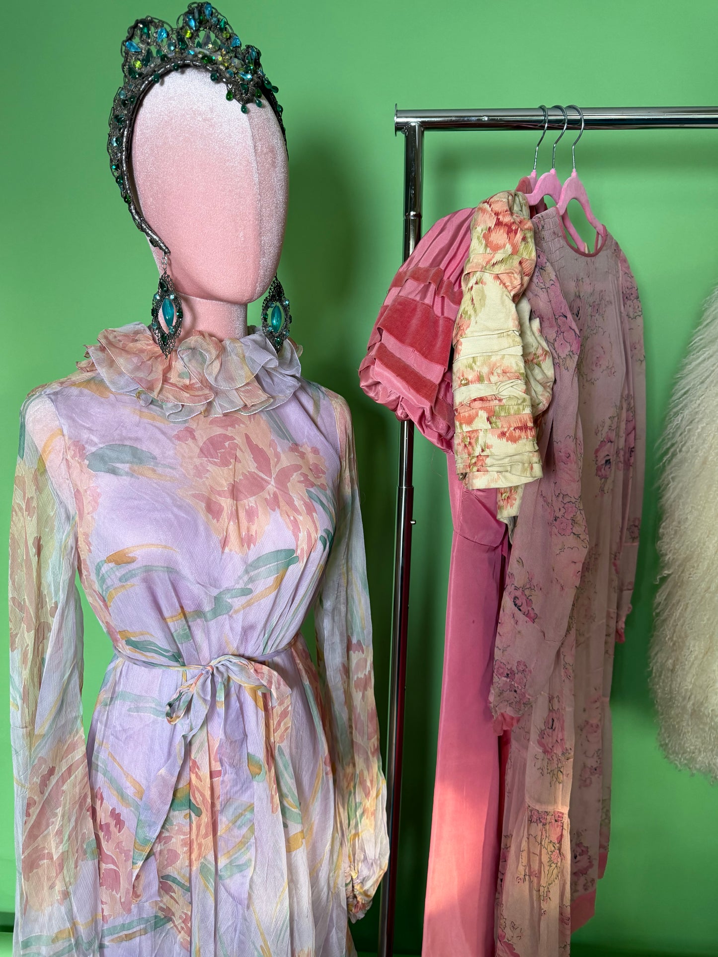 60s Anna Weatherley Silk Floral Gown with Collar Fits XS-M