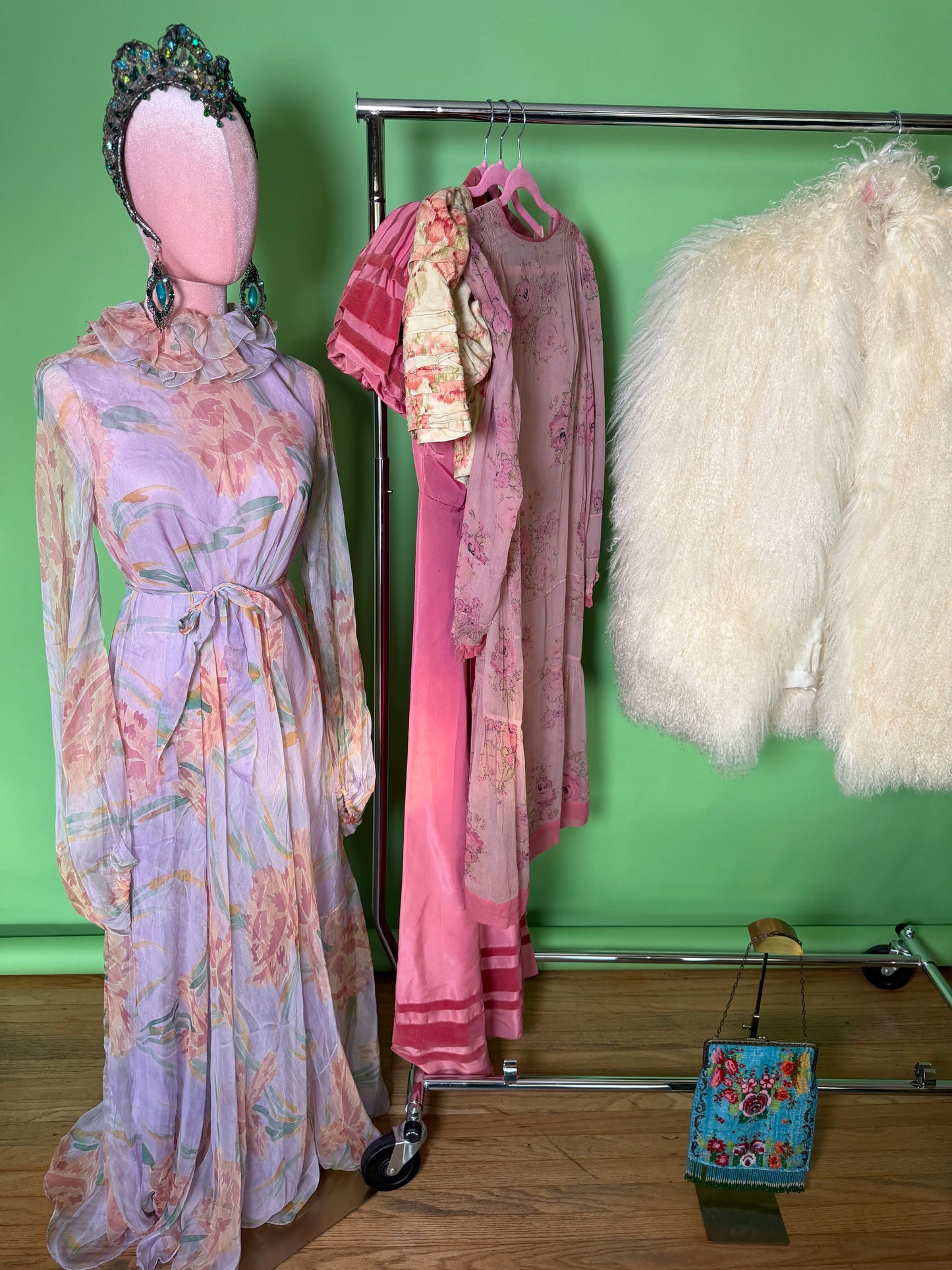 60s Anna Weatherley Silk Floral Gown with Collar Fits XS-M