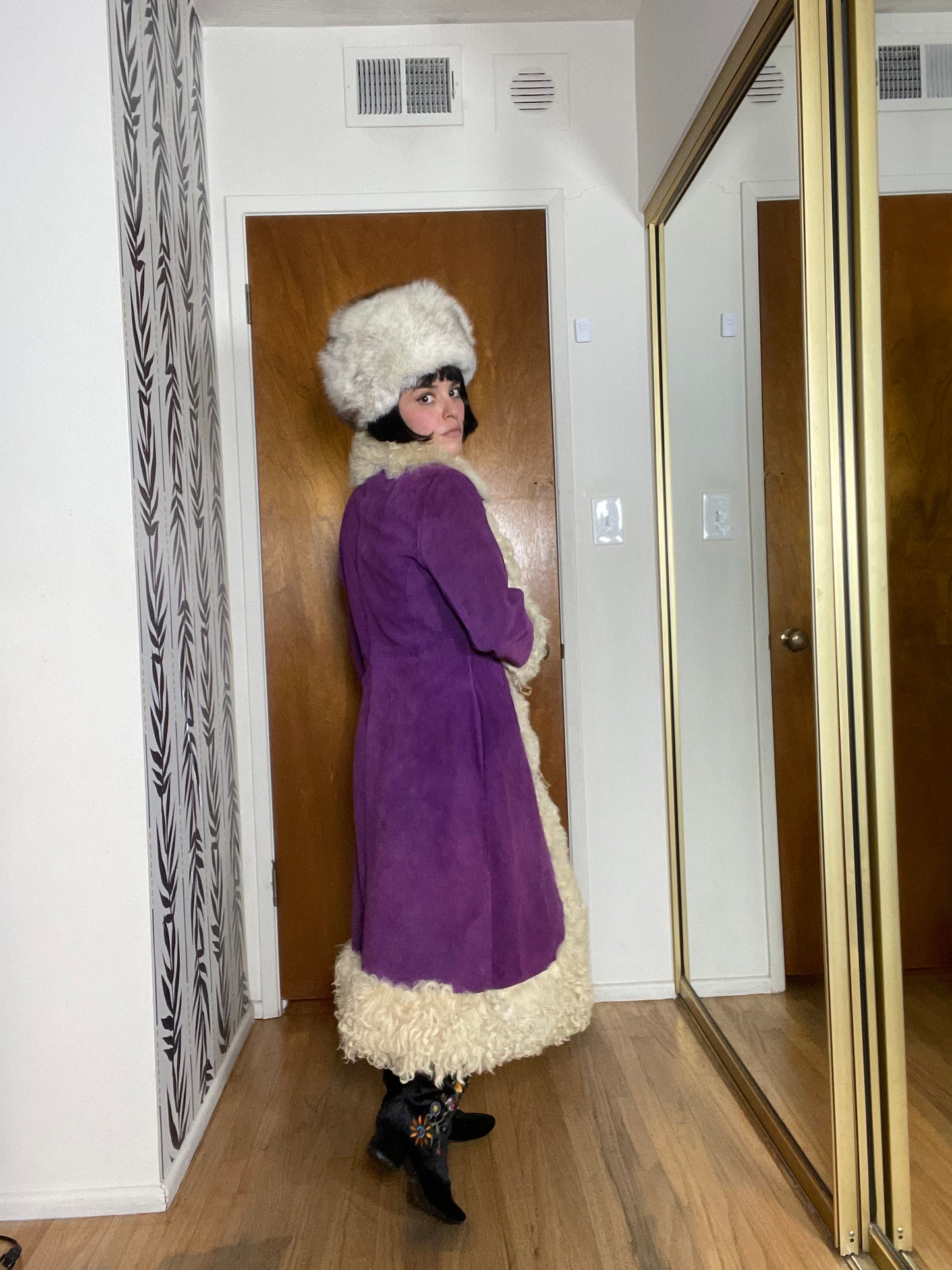 Vintage 60s 70s Penny Lane Style Purple Suede Leather and Mongolian Lamb Hair Coat Best Fits Up To Size M