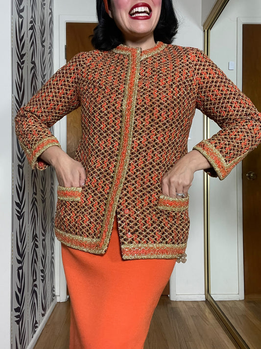 Vintage 60s "Marie-Martine Paris" Orange & Gold Jacket - Best Fits Size XS-M