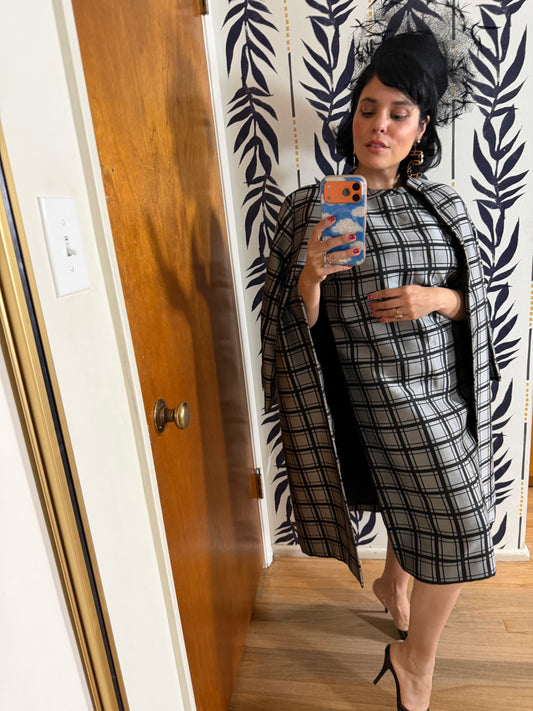 60s Silver Black Window Pane Dress Set for Saks 5th Avenue Fits XS-M