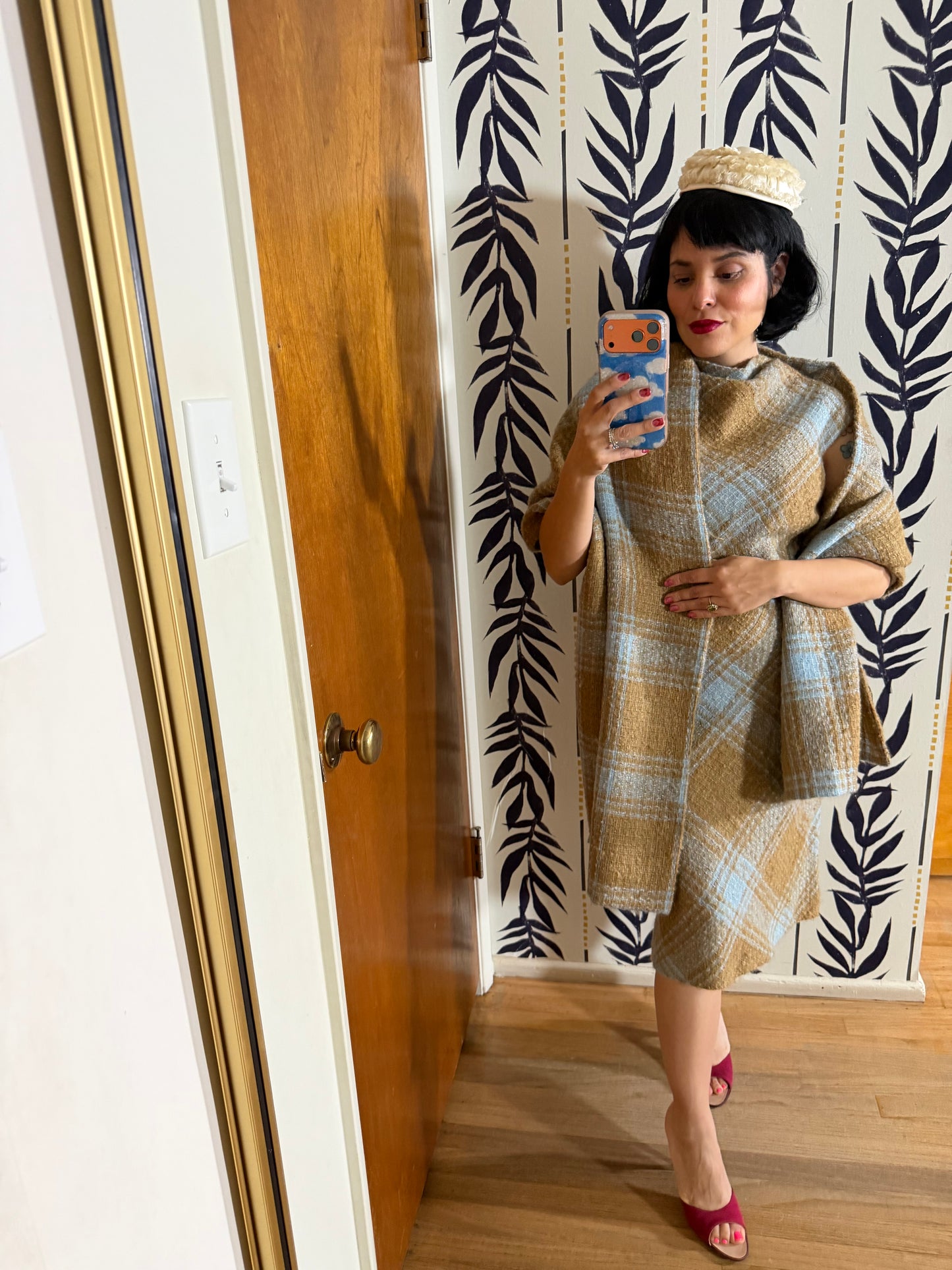 60s Plaid Boucle Dress and Shawl Set fits Sizes XS-SM