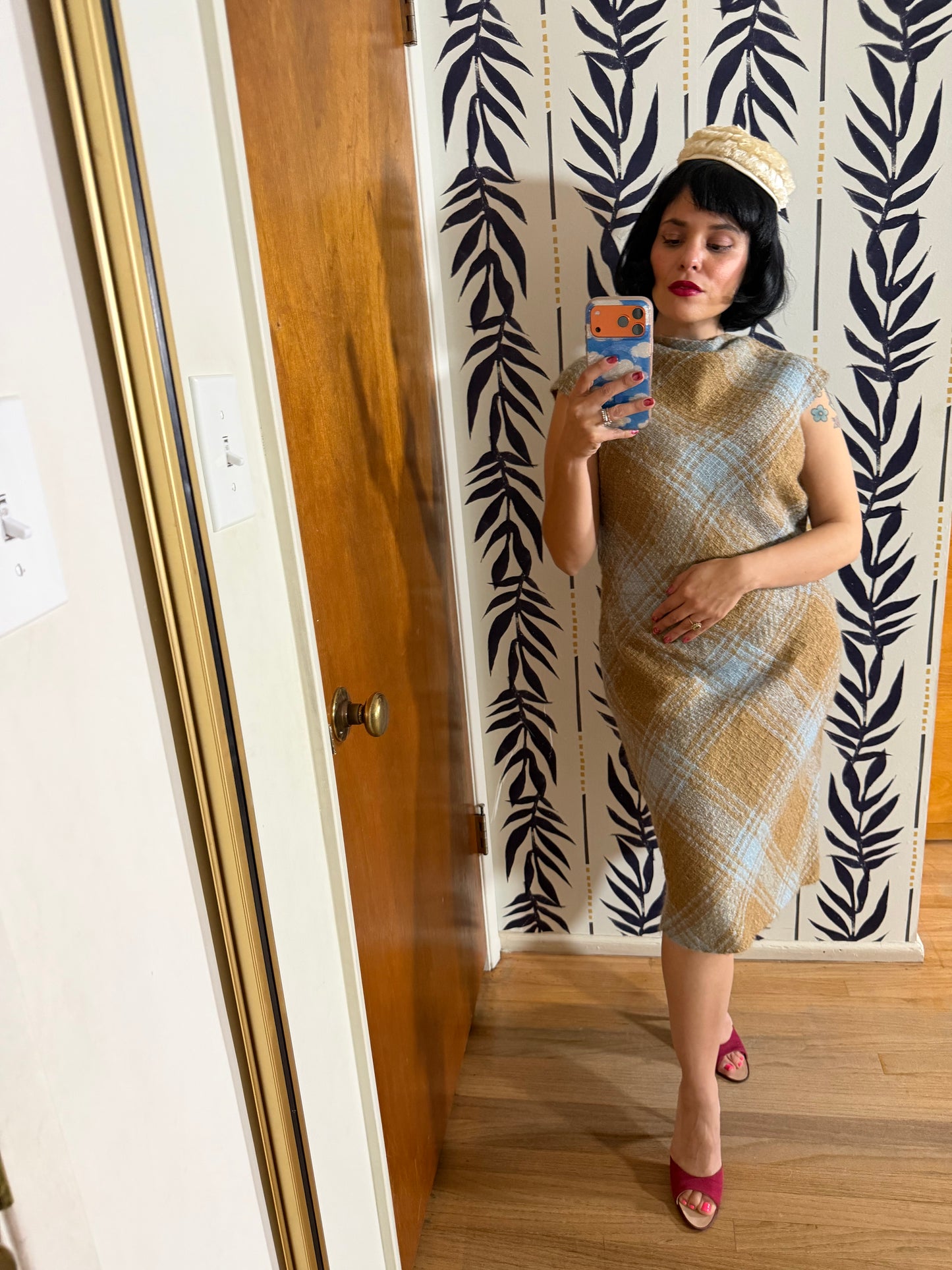 60s Plaid Boucle Dress and Shawl Set fits Sizes XS-SM