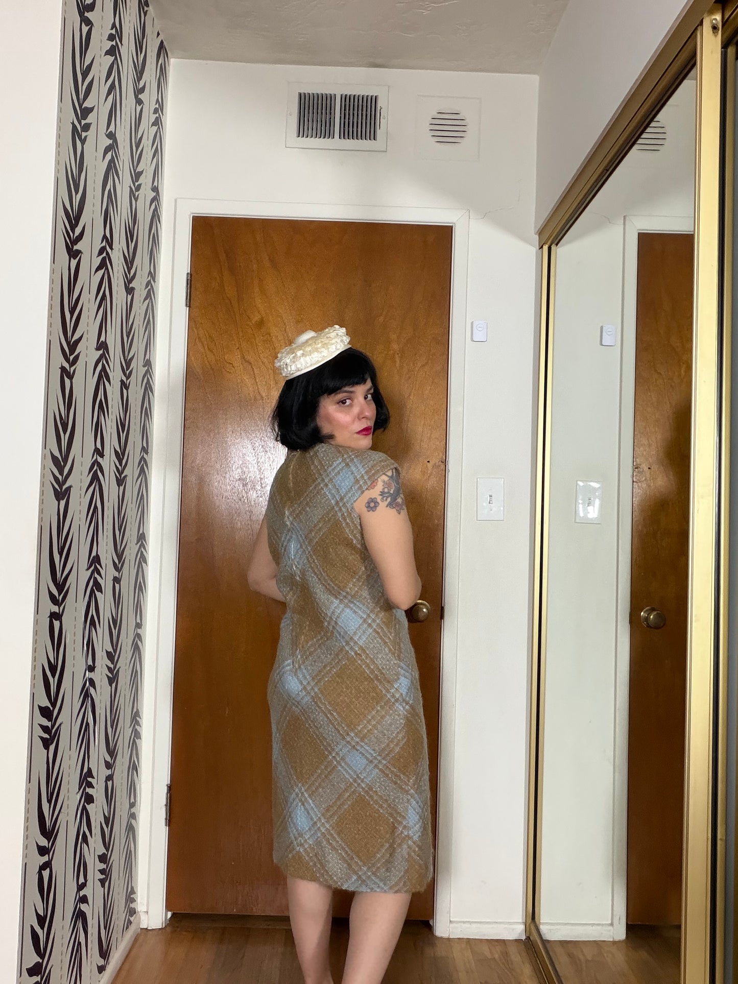 60s Plaid Boucle Dress and Shawl Set fits Sizes XS-SM