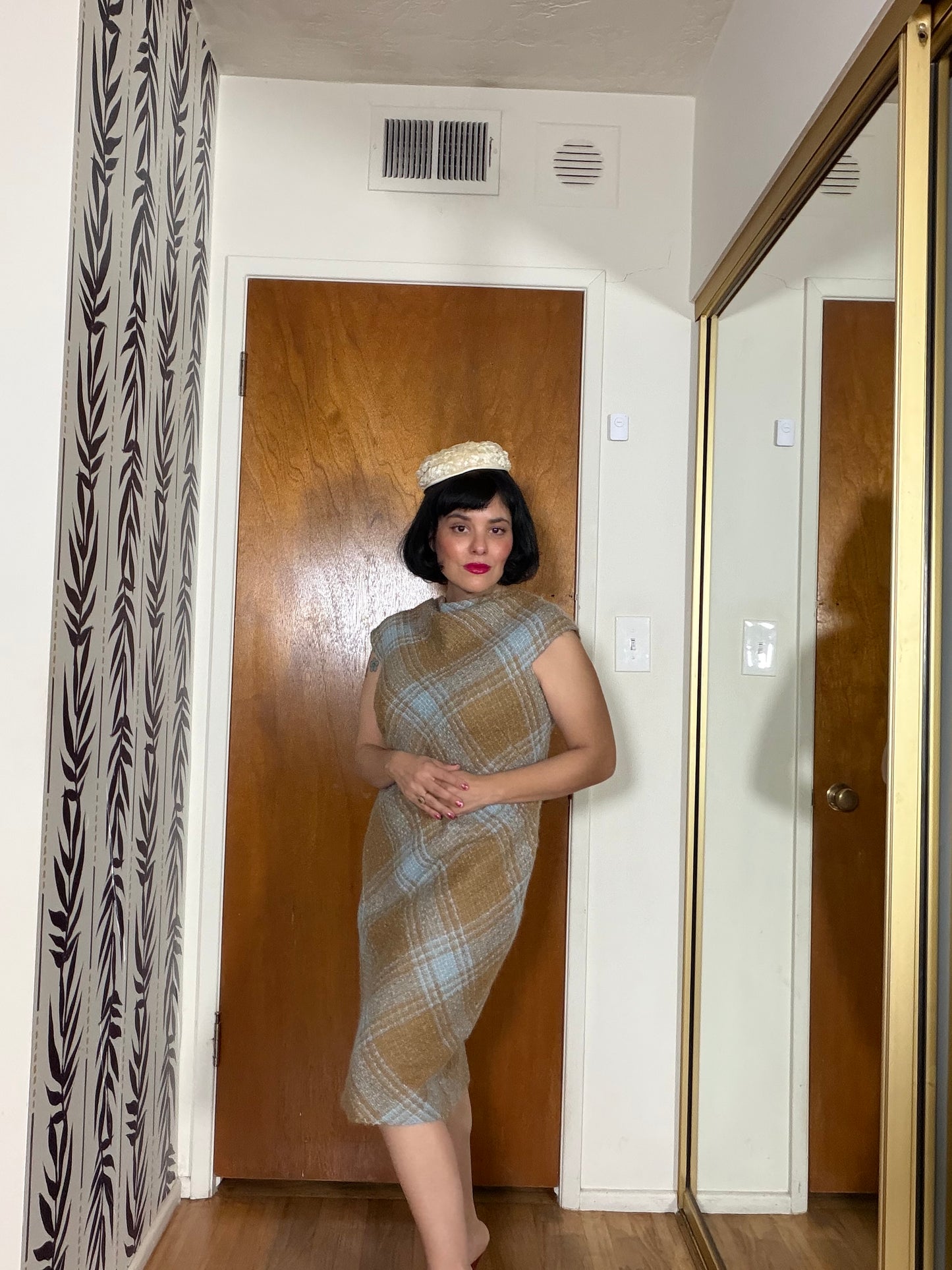 60s Plaid Boucle Dress and Shawl Set fits Sizes XS-SM