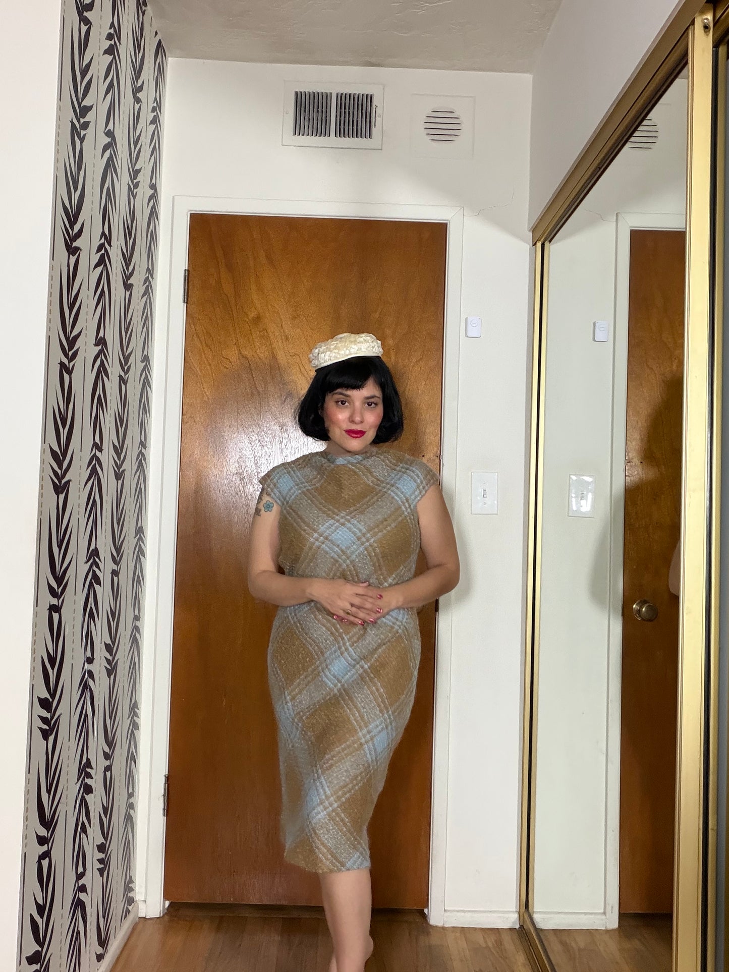 60s Plaid Boucle Dress and Shawl Set fits Sizes XS-SM