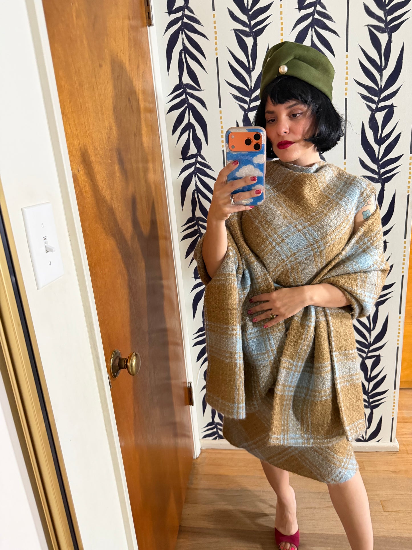 60s Plaid Boucle Dress and Shawl Set fits Sizes XS-SM