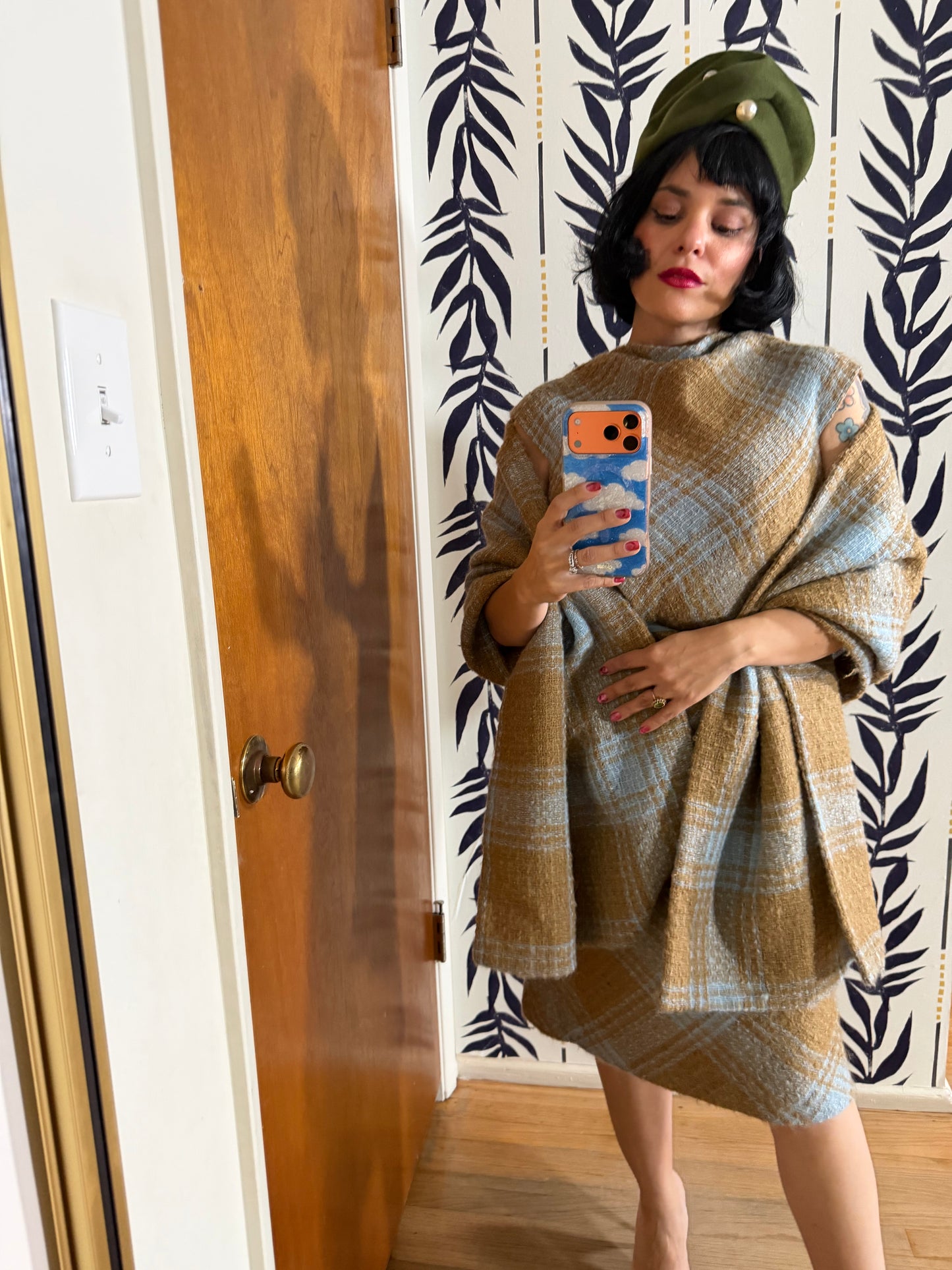 60s Plaid Boucle Dress and Shawl Set fits Sizes XS-SM