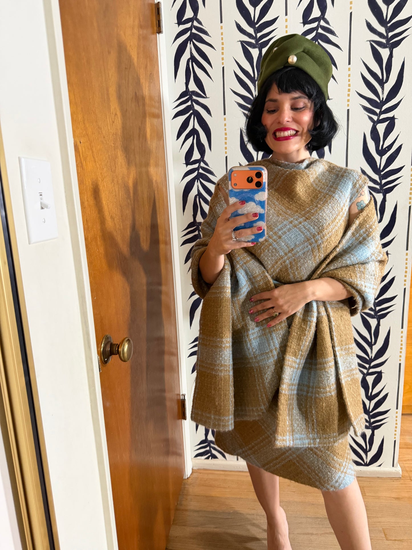 60s Plaid Boucle Dress and Shawl Set fits Sizes XS-SM