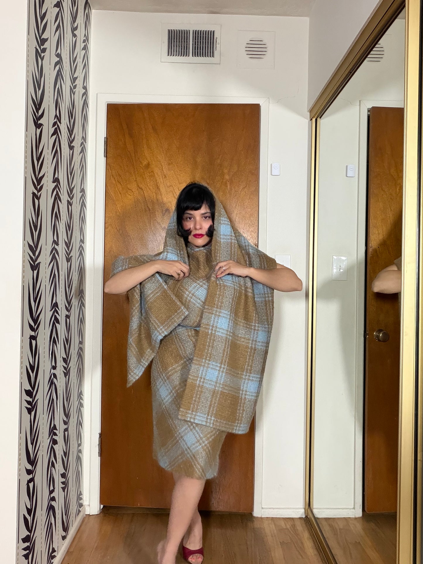 60s Plaid Boucle Dress and Shawl Set fits Sizes XS-SM