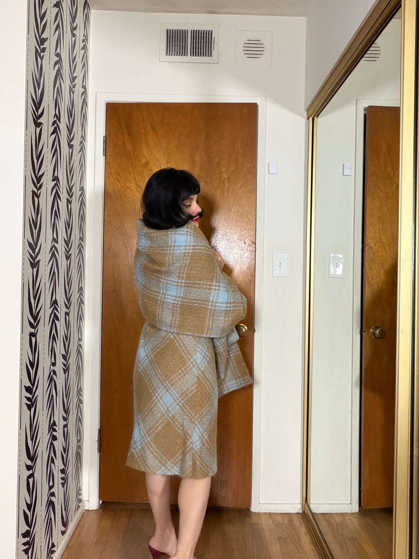 60s Plaid Boucle Dress and Shawl Set fits Sizes XS-SM