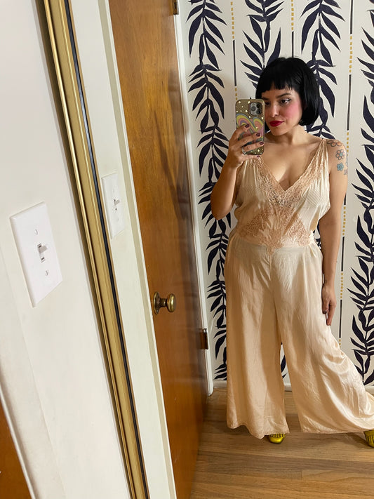 Vintage 30s 40s Peach Silk Pajama Jumpsuit - Fits Most Sizes