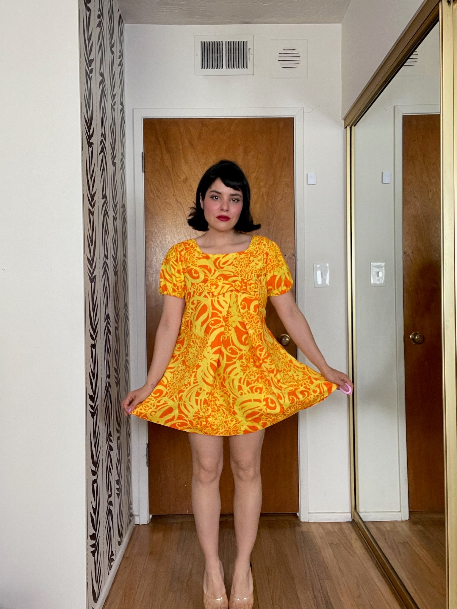 orange 60s dress Vintage 60s Orange Chiffon Party Dress: Sheer Sleeve Cocktail