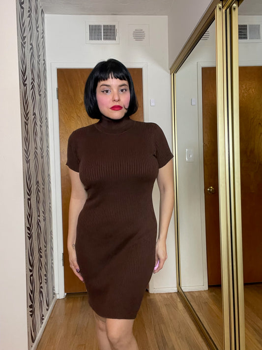 Vintage 80s 90s "Moda International" Brown Knit Bodycon Dress - Fits Size XS-M