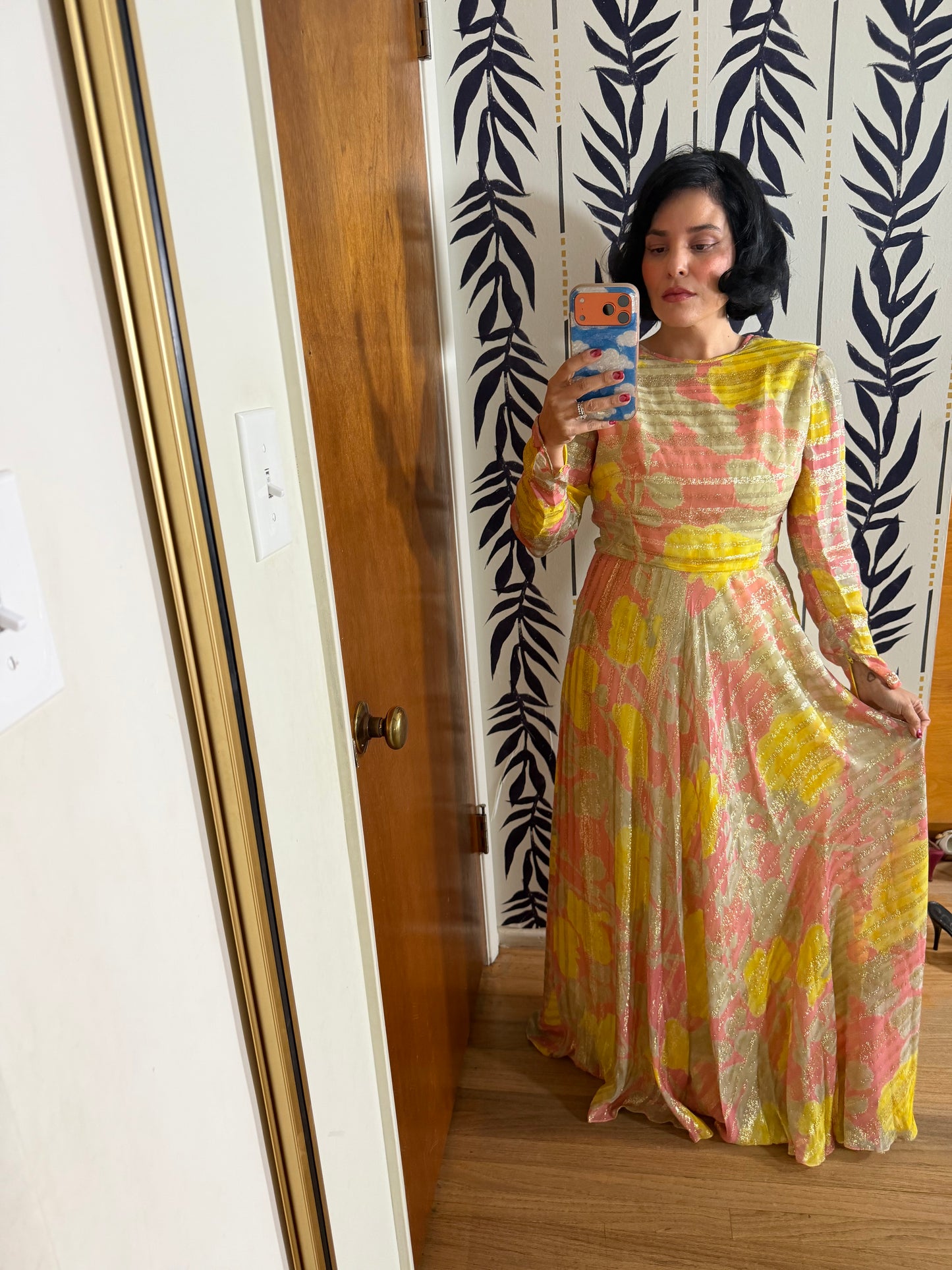 60s Abstract Floral Gold Lame Gown with Kaftan Overlay XS-M