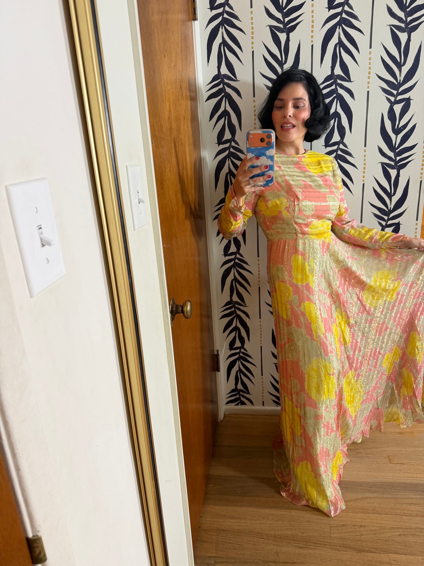 60s Abstract Floral Gold Lame Gown with Kaftan Overlay XS-M