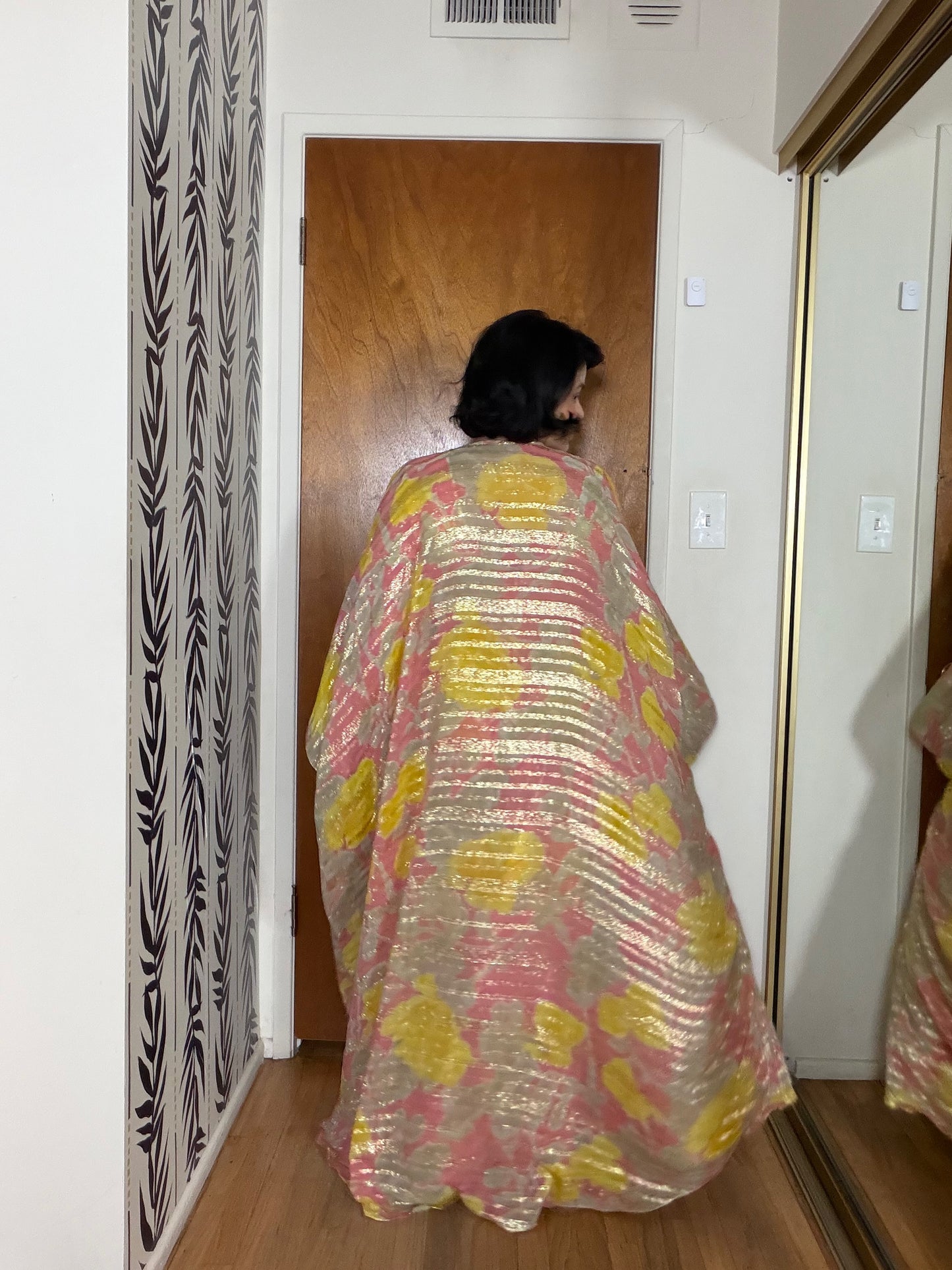 60s Abstract Floral Gold Lame Gown with Kaftan Overlay XS-M