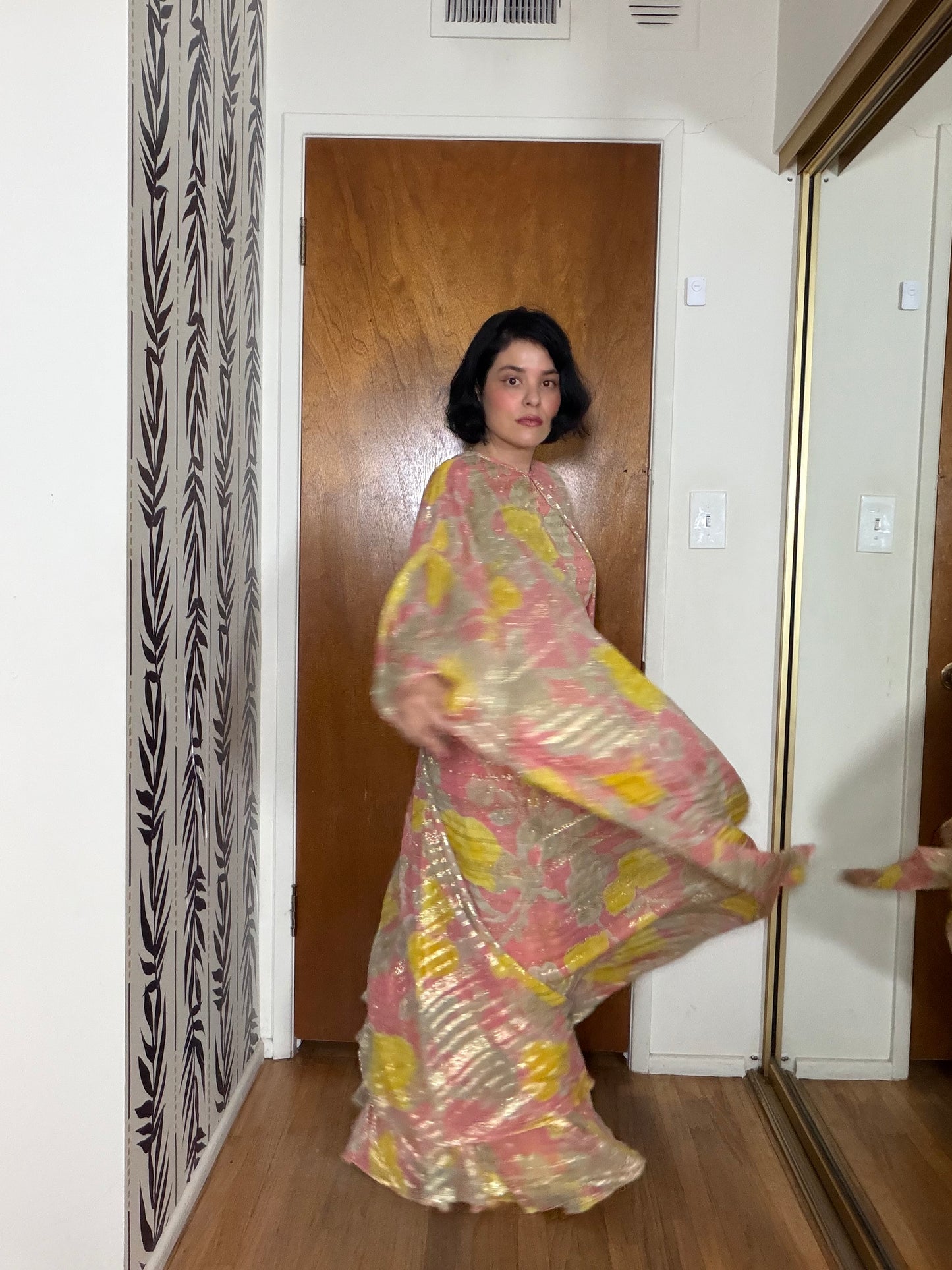 60s Abstract Floral Gold Lame Gown with Kaftan Overlay XS-M