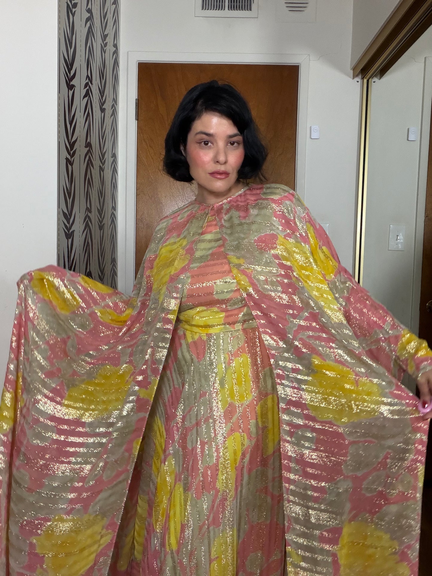 60s Abstract Floral Gold Lame Gown with Kaftan Overlay XS-M