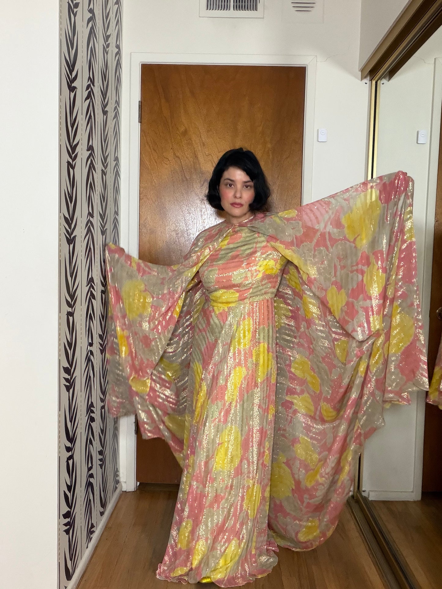 60s Abstract Floral Gold Lame Gown with Kaftan Overlay XS-M