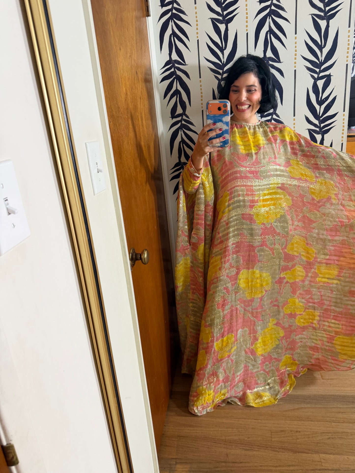 60s Abstract Floral Gold Lame Gown with Kaftan Overlay XS-M