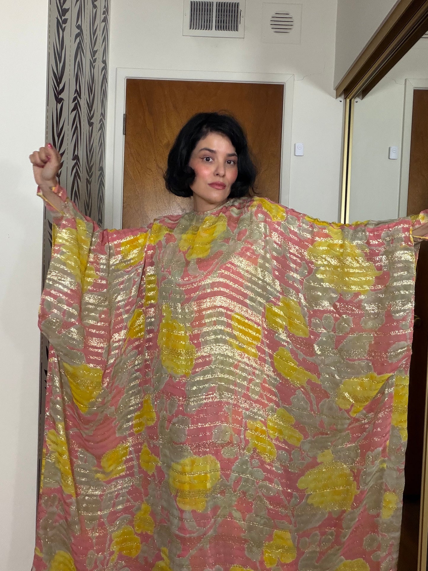 60s Abstract Floral Gold Lame Gown with Kaftan Overlay XS-M