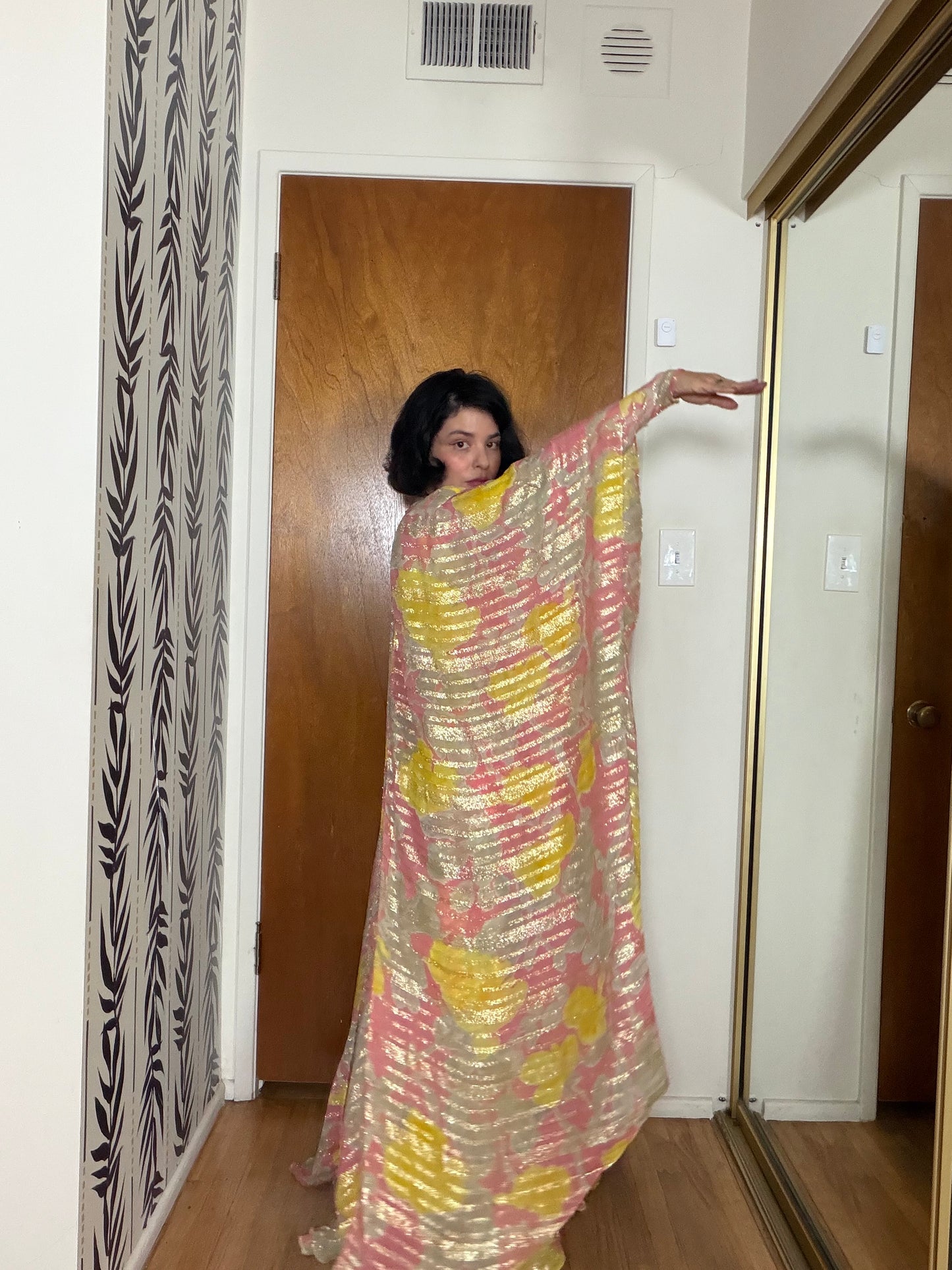 60s Abstract Floral Gold Lame Gown with Kaftan Overlay XS-M