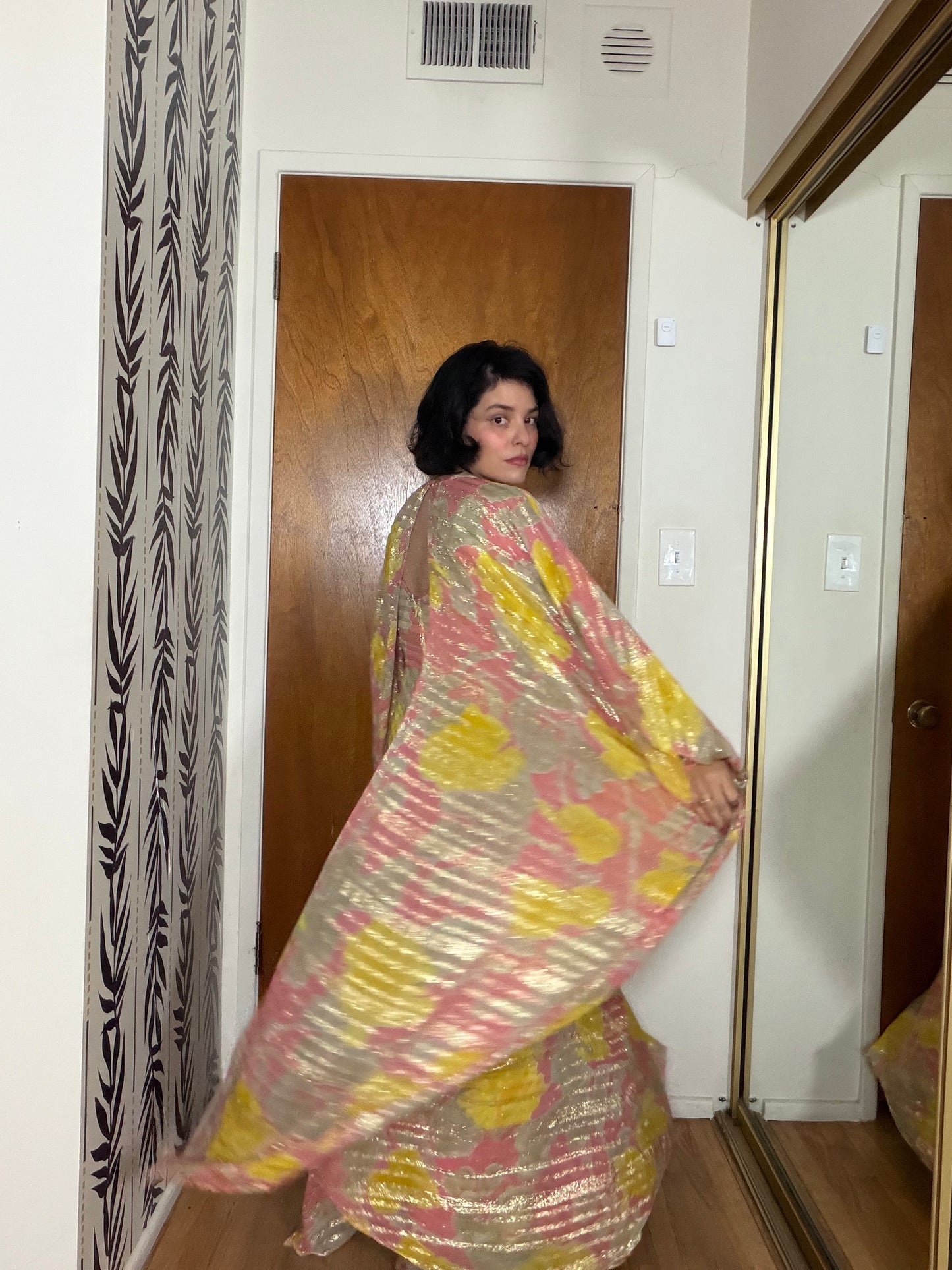 60s Abstract Floral Gold Lame Gown with Kaftan Overlay XS-M