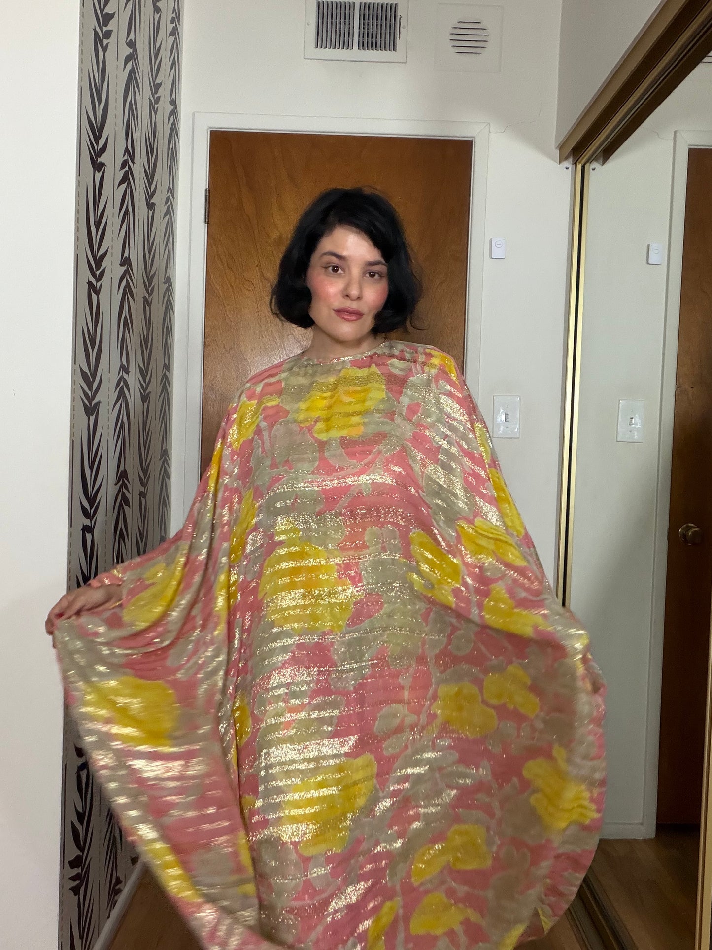 60s Abstract Floral Gold Lame Gown with Kaftan Overlay XS-M