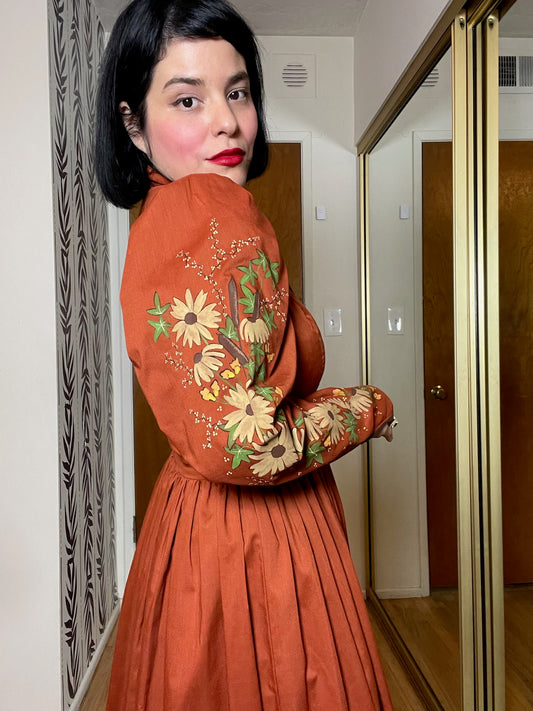 Vintage 70s Hand Painted Flowers Burnt Orange Dress Best Fits Size S, Possibly M