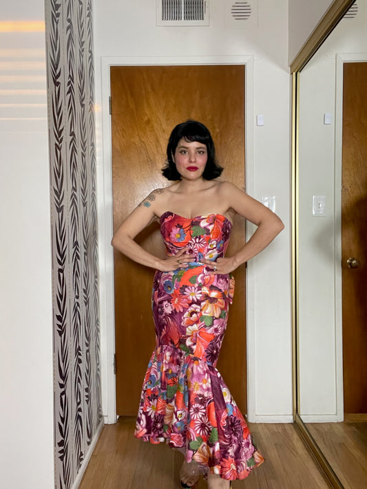 Vintage 60s Strapless Floral Print Mermaid Dress - Best Fits Size XS-S