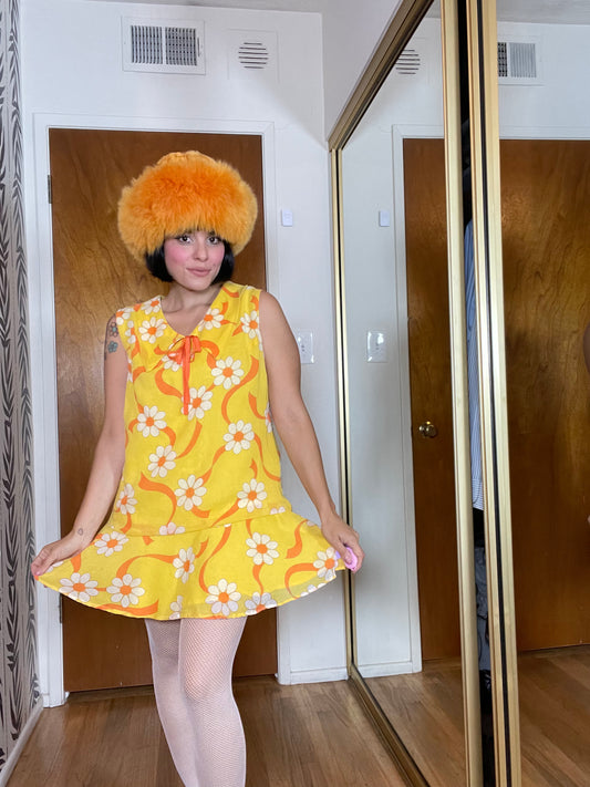 Vintage 60s 70s MOD Orange and Yellow Floral Print Dagger Collar Mini Dress Best Fits Size M-L