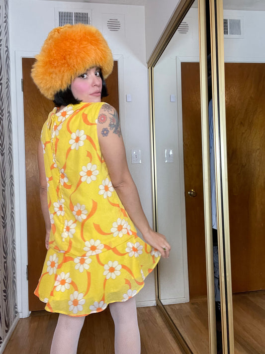 Vintage 60s 70s MOD Orange and Yellow Floral Print Dagger Collar Mini Dress Best Fits Size M-L