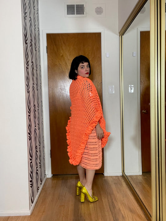 Vintage 60s 70s Orange Crochet Wrap - One Size