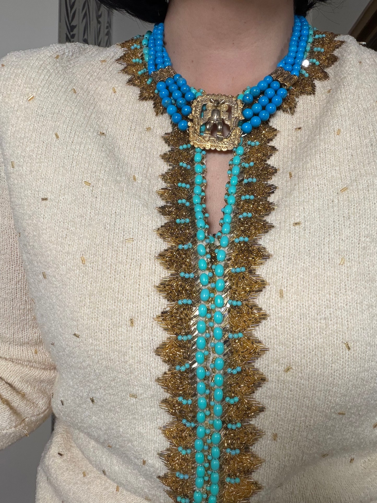 50/60s Egyptian Revival Goldtone Silver Stone Necklace