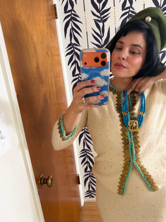 50/60s Egyptian Revival Goldtone Silver Stone Necklace