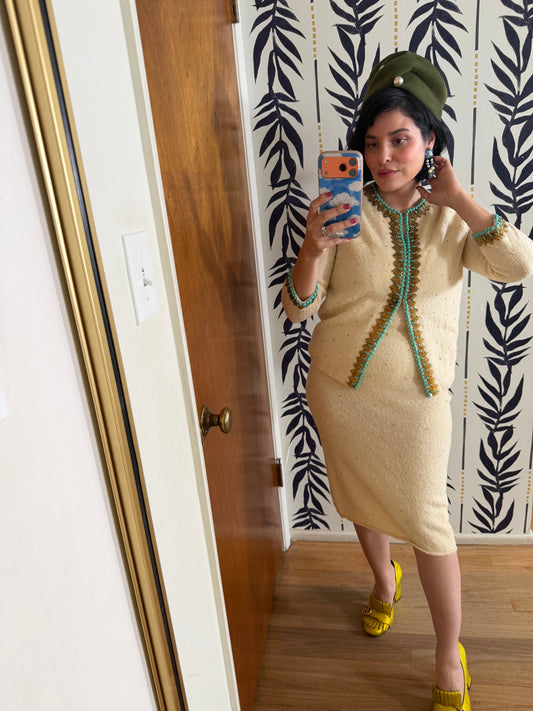 50s Vintage Gene Shelly Egyptian Revival Ivory Beaded Knit Dress Set XS-M