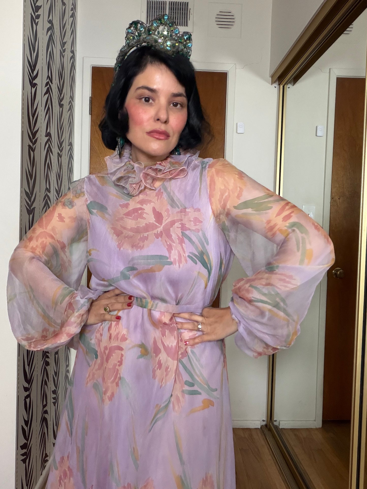 60s Anna Weatherley Silk Floral Gown with Collar Fits XS-M