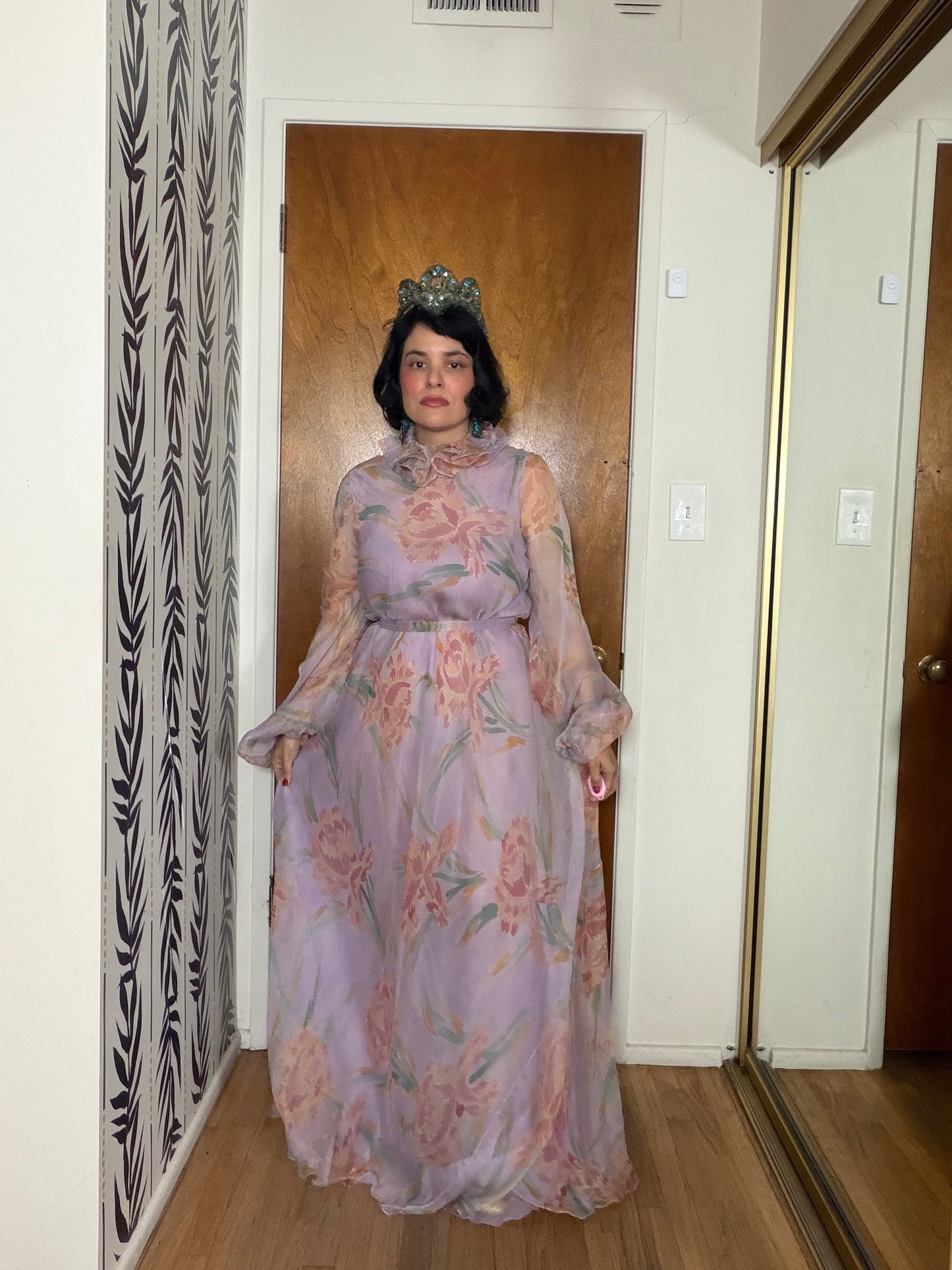 60s Anna Weatherley Silk Floral Gown with Collar Fits XS-M