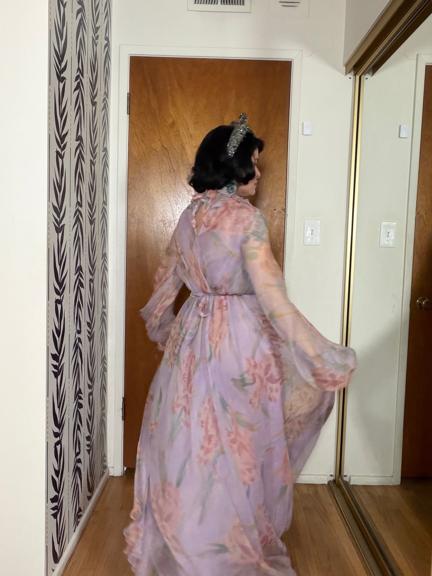 60s Anna Weatherley Silk Floral Gown with Collar Fits XS-M