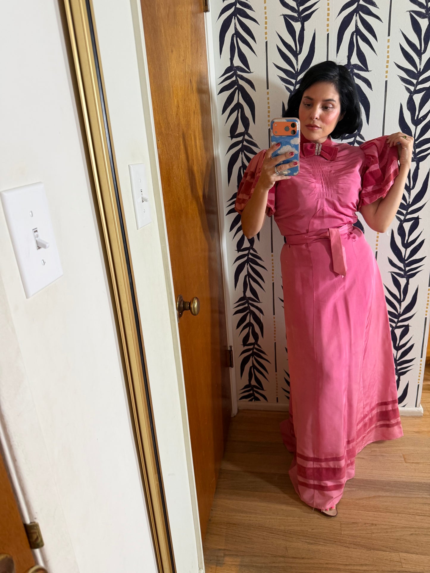 40s Vintage Rose Pink Satin Gown with Velvet Trim Fits XS-SM