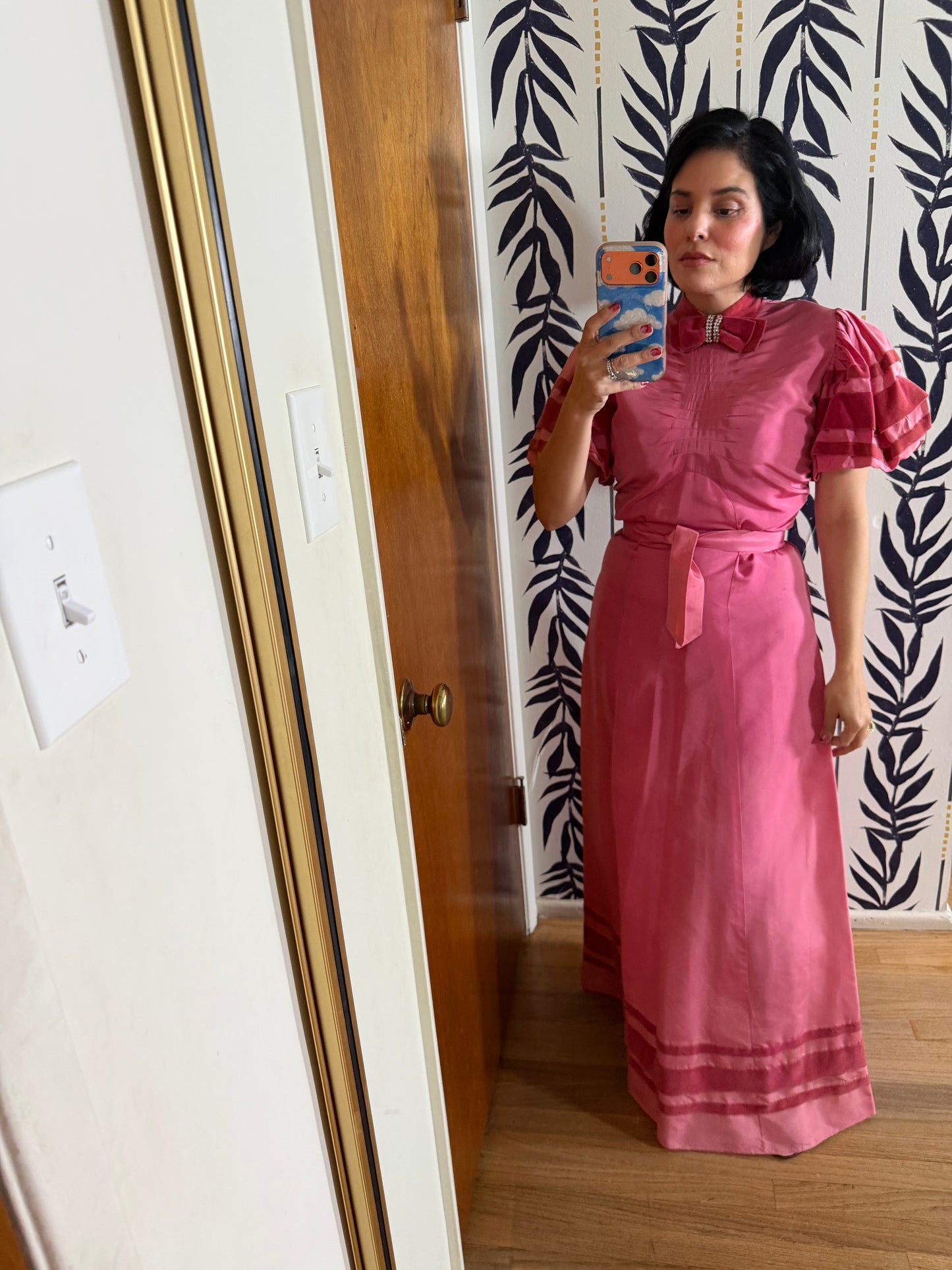 40s Vintage Rose Pink Satin Gown with Velvet Trim Fits XS-SM
