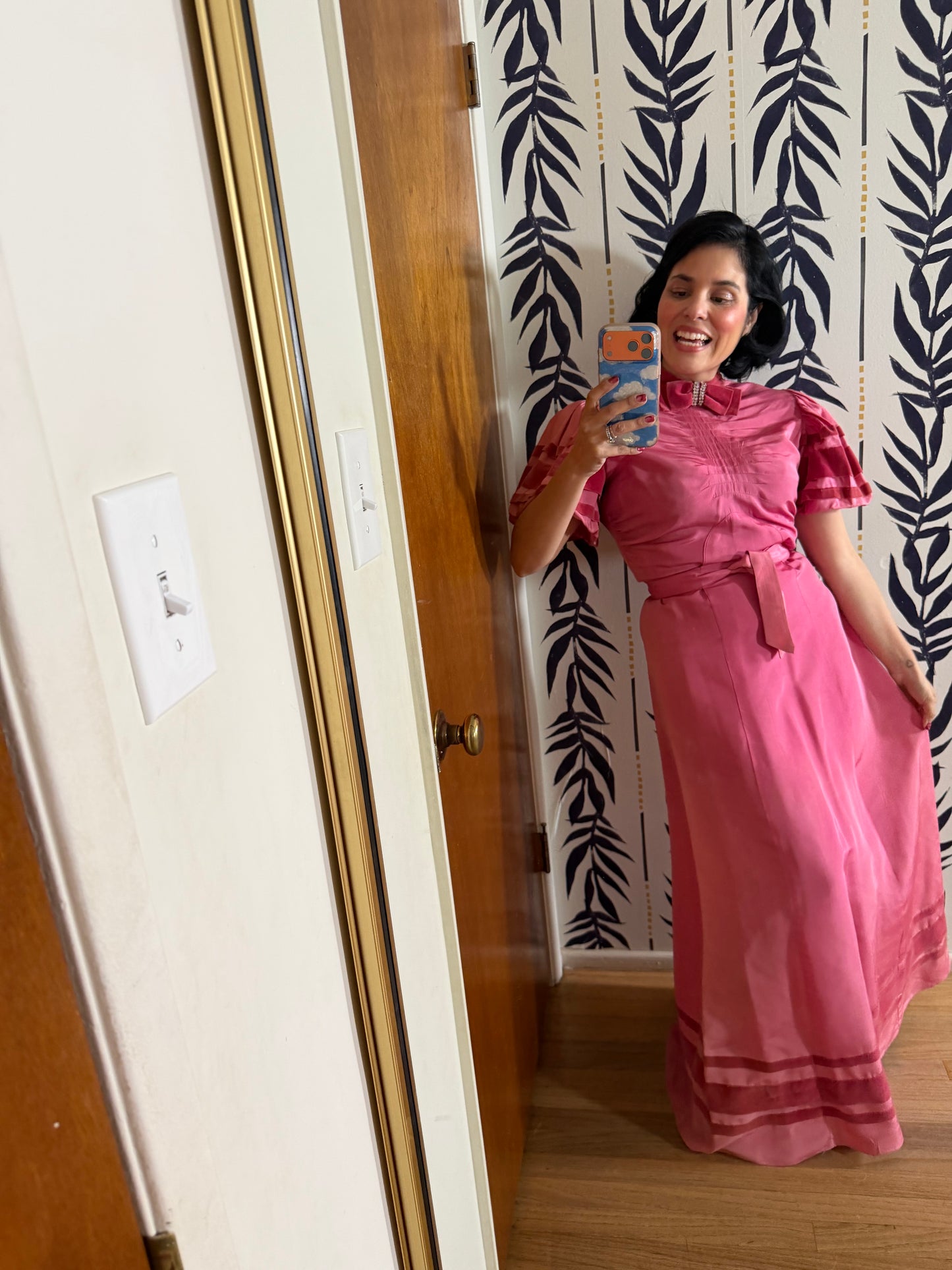 40s Vintage Rose Pink Satin Gown with Velvet Trim Fits XS-SM
