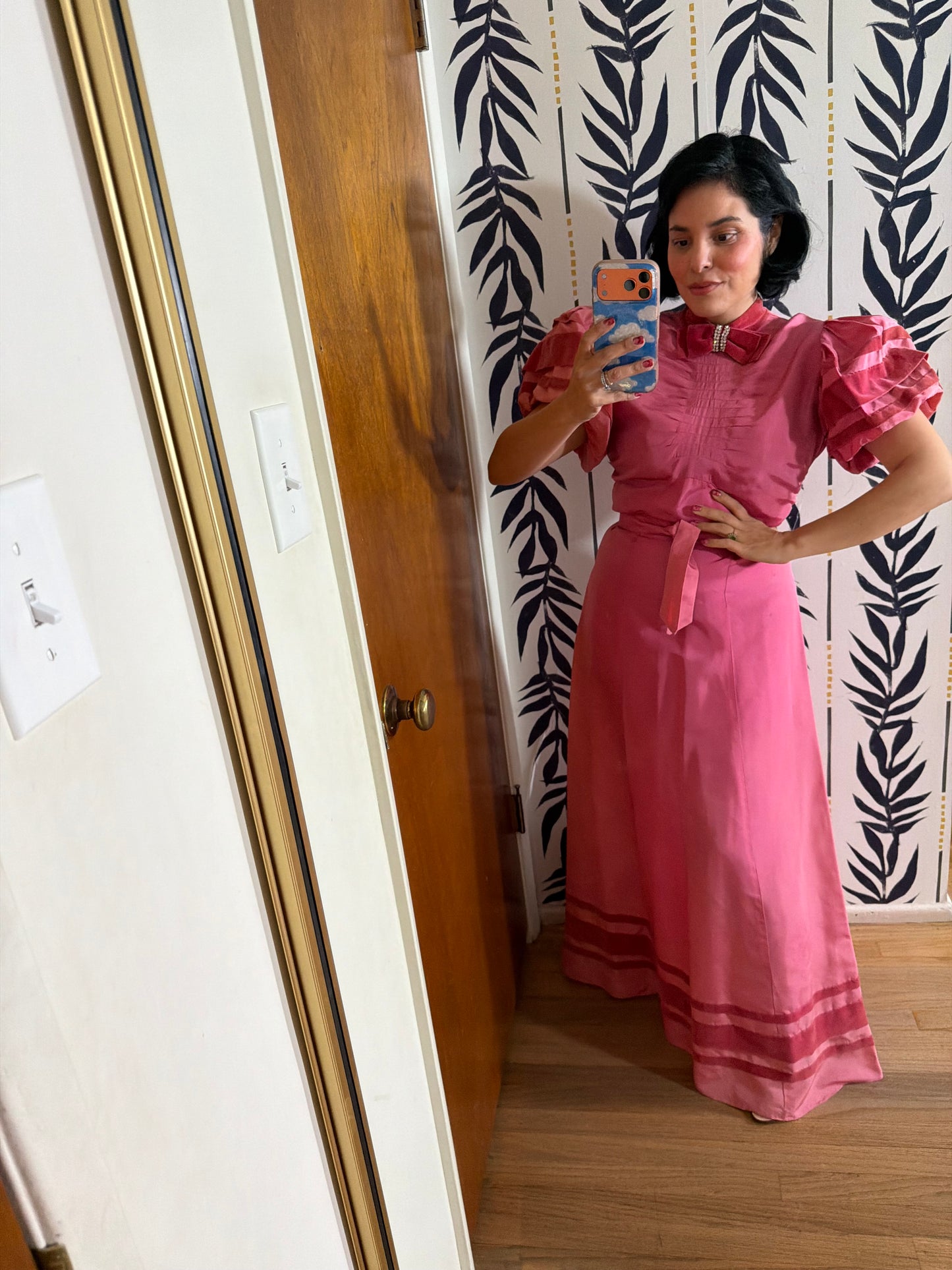 40s Vintage Rose Pink Satin Gown with Velvet Trim Fits XS-SM