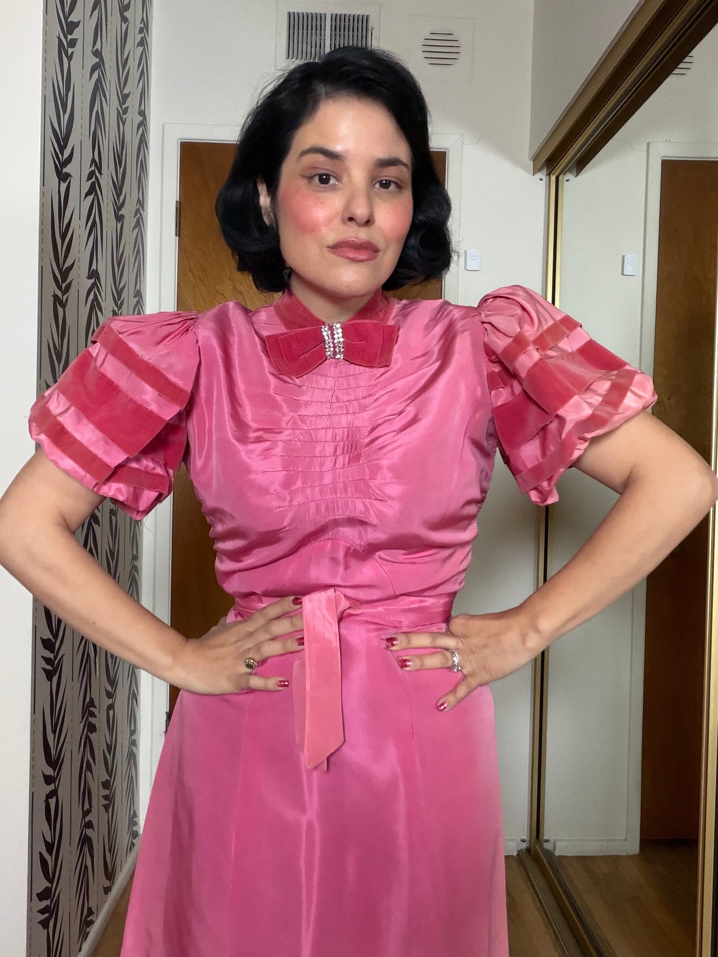 40s Vintage Rose Pink Satin Gown with Velvet Trim Fits XS-SM