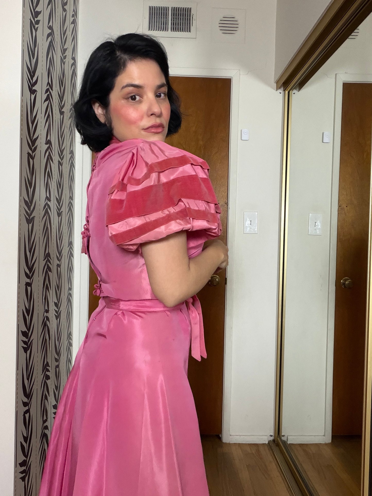 40s Vintage Rose Pink Satin Gown with Velvet Trim Fits XS-SM
