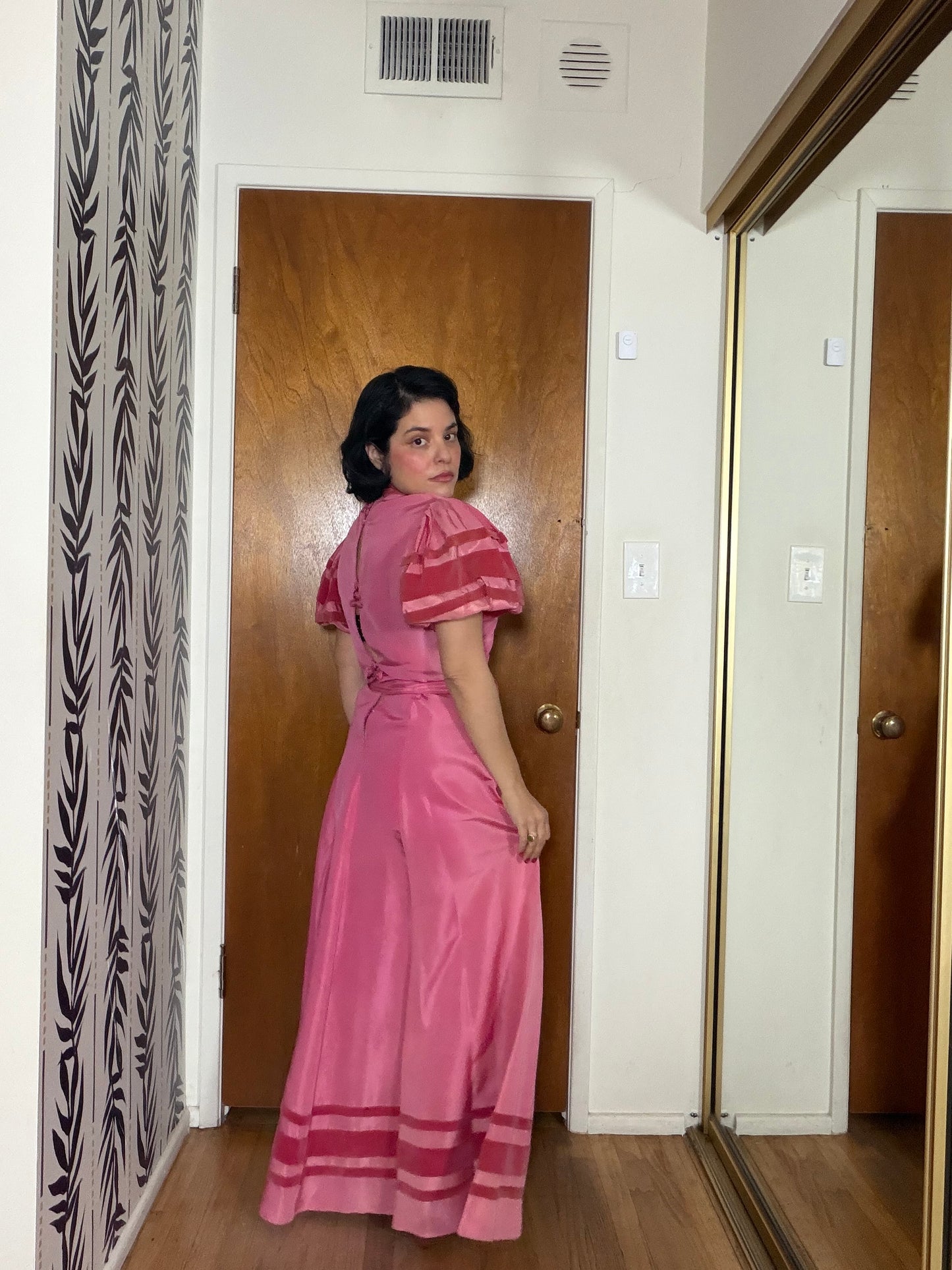 40s Vintage Rose Pink Satin Gown with Velvet Trim Fits XS-SM