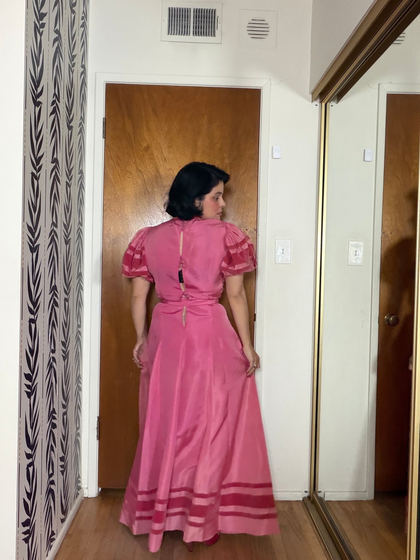 40s Vintage Rose Pink Satin Gown with Velvet Trim Fits XS-SM