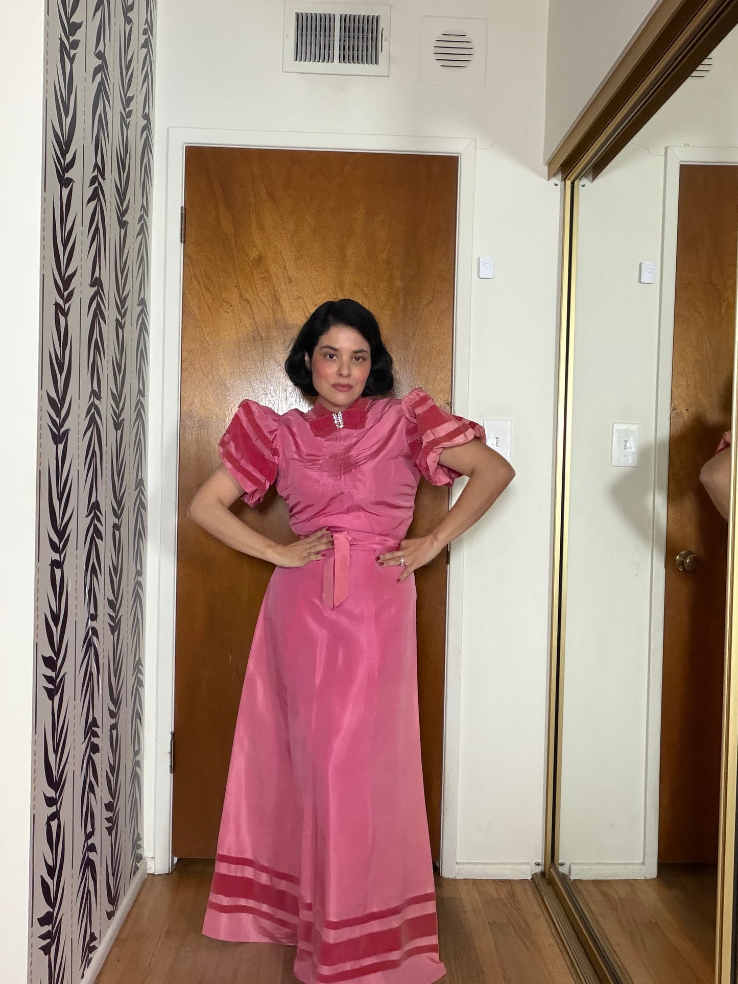 40s Vintage Rose Pink Satin Gown with Velvet Trim Fits XS-SM