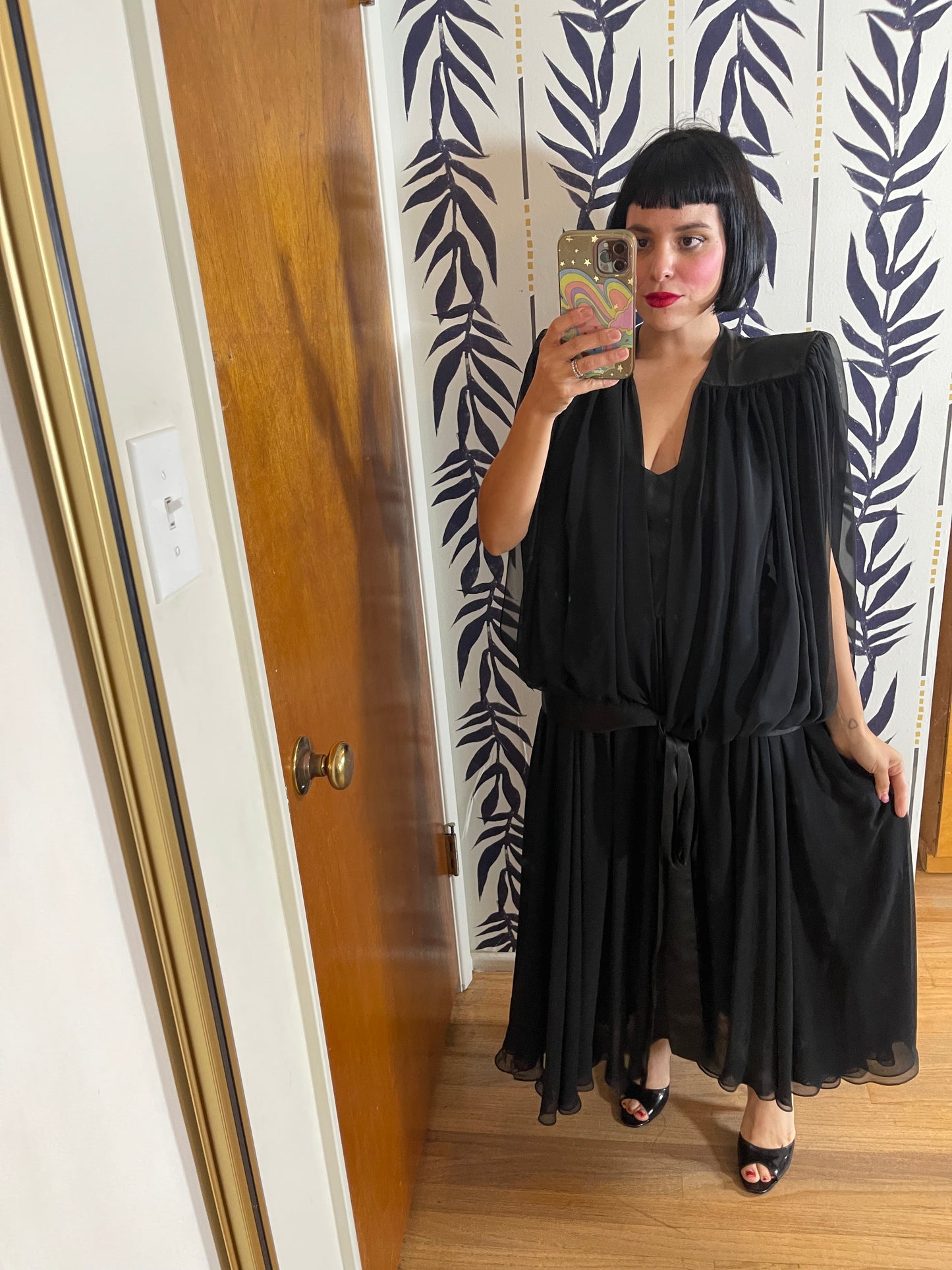 Vintage Late 70s Early 80s Black Drop Waist Silk Dress and Top Set Best Fits Size M-L